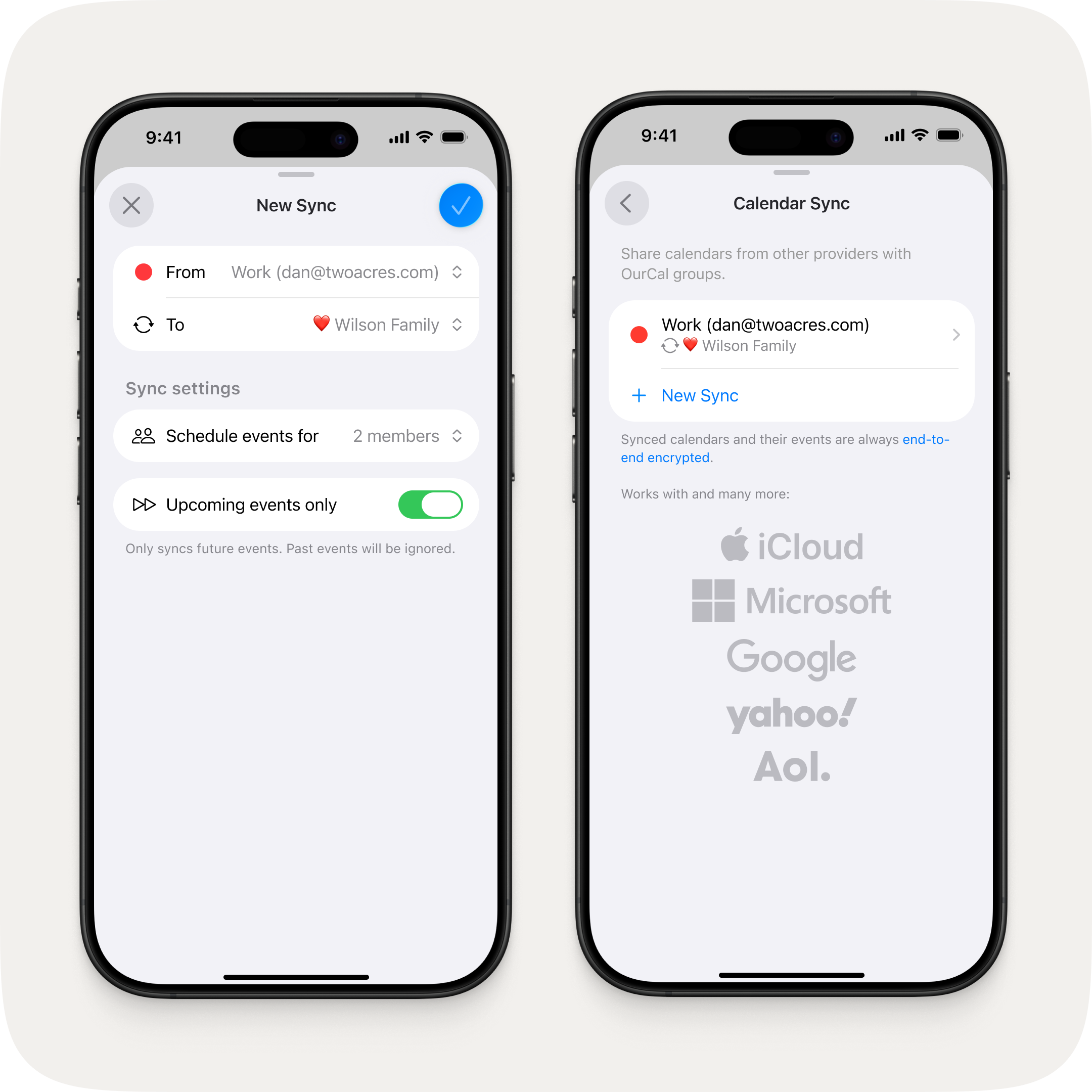 Two iPhones side by side. On the left, the new sync setup screen showing source calendar, destination group, member scheduling, and an "Upcoming events only" toggle. On the right, the calendar sync overview showing an active sync and supported providers including iCloud, Microsoft, Google, Yahoo, and Aol.