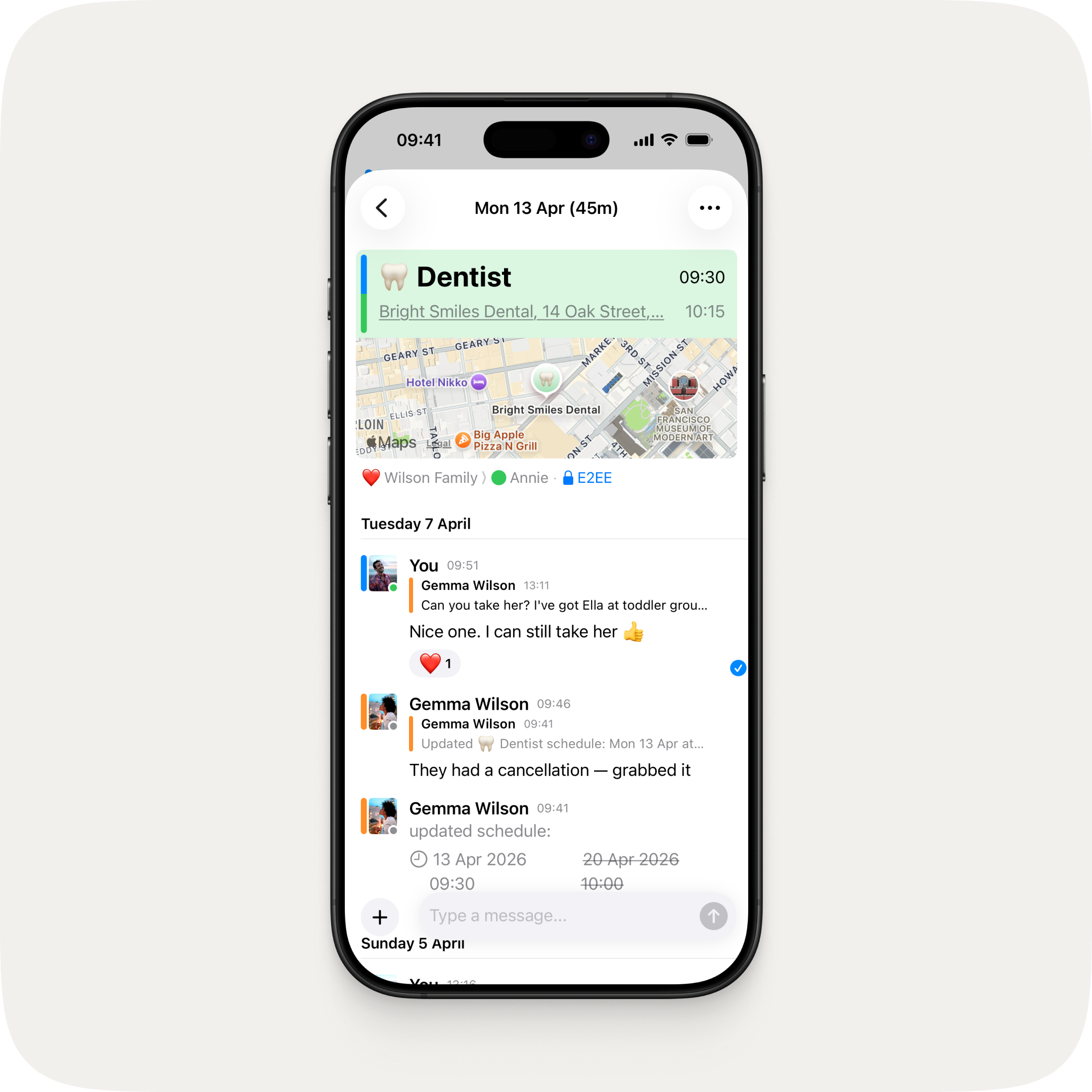 An iPhone showing an event detail screen for a dentist appointment, with a rich interactive map of the location in San Francisco displayed below the event card, and the chat thread continuing underneath.