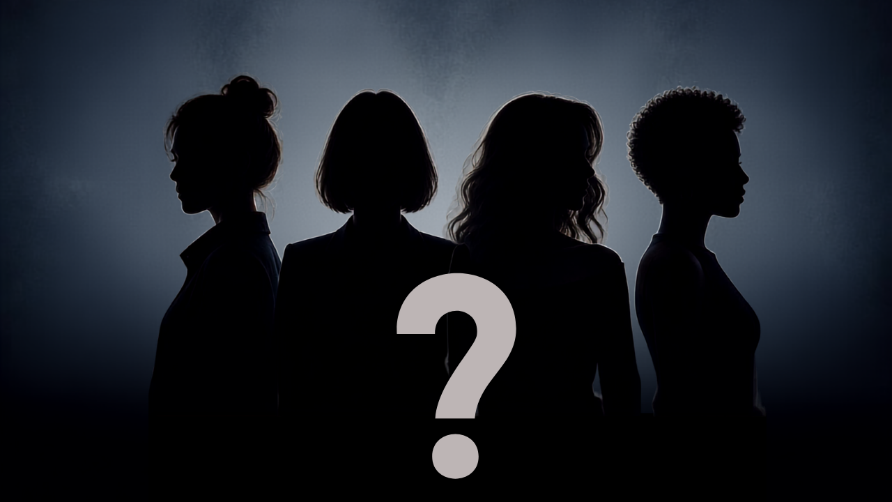 Silhouettes of four women in background, with a question mark in the foreground