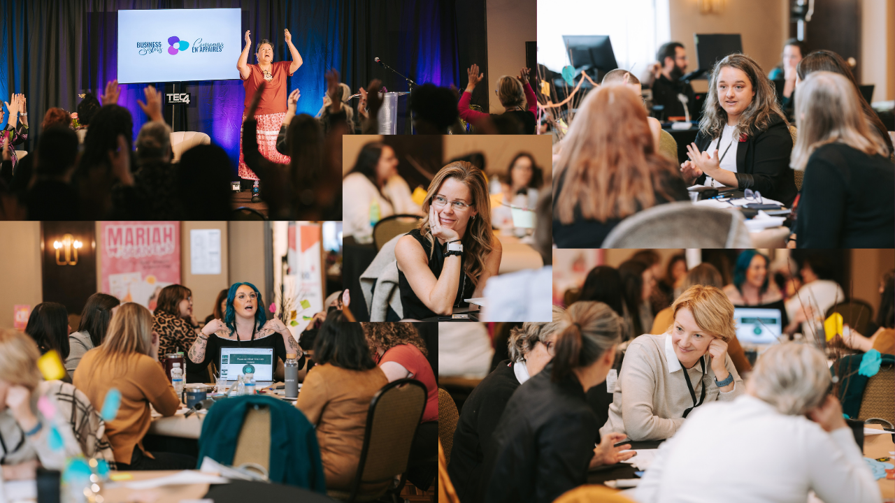 Collage of photos from 2025 Business Sisters Conference, women talking and interacting in groups