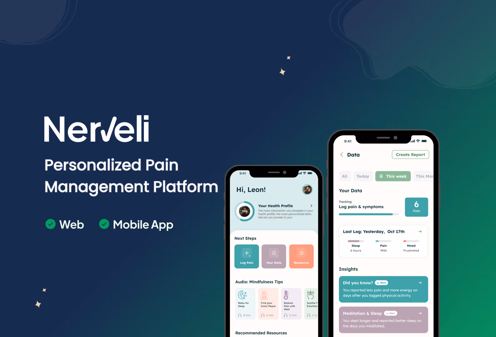 Nerveli personalized pain management platform showcasing web and mobile app interfaces with user health profile, pain log, and mindfulness tips.