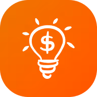 White lightbulb with a dollar sign inside and rays around it on an orange rounded square background.