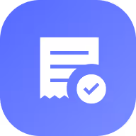 White document icon with text lines and a checkmark inside a circle on a blue rounded square background.