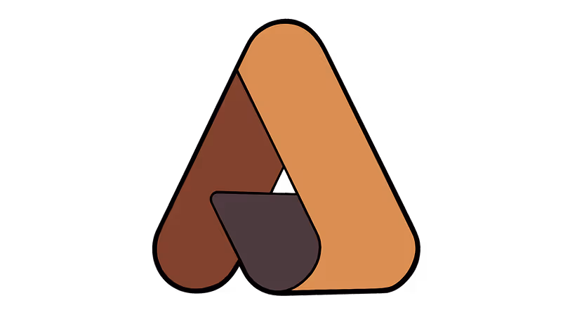 Abstract triangular logo with rounded corners in layered shades of brown and orange on a black background.