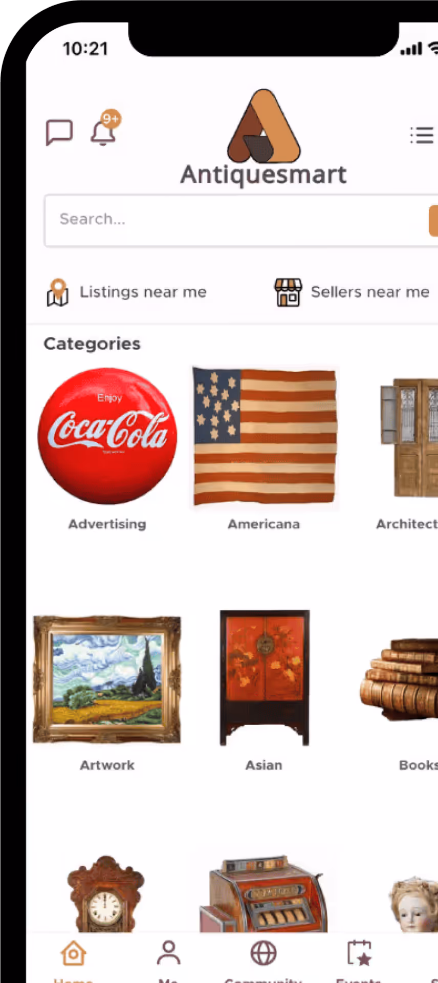 Mobile app screen showing Antiquesmart logo with categories including Advertising Coca-Cola sign, Americana American flag, Artwork framed painting, Asian cabinet, and Books stacked leather-bound books.