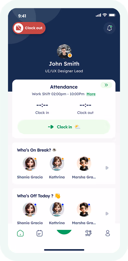 Mobile app screen showing attendance dashboard for John Smith, UI/UX Designer Lead, with options to clock in, clock out, and lists of employees on break and off today.