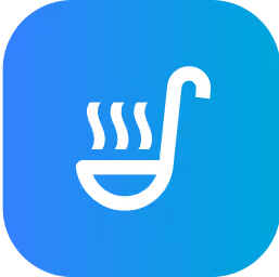 White icon of a steaming ladle on a gradient blue to teal rounded square background.
