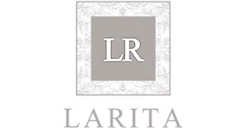 Gray square logo with stylized border and white letters 'LR' inside, with the word 'LARITA' below.