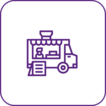 Purple line icon of a food truck with an open window and menu board in front.