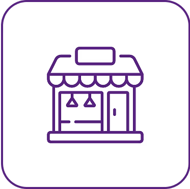 Icon of a small storefront with an awning, a door, and two hanging lights inside a rounded square border.