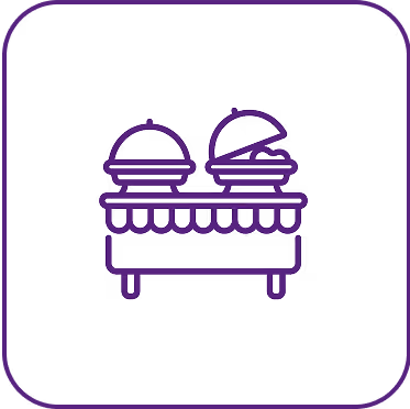 Purple line icon of two covered food platters on a table with a skirt.