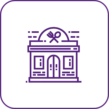 Purple outlined icon of a restaurant building with a fork and spoon symbol above the entrance.