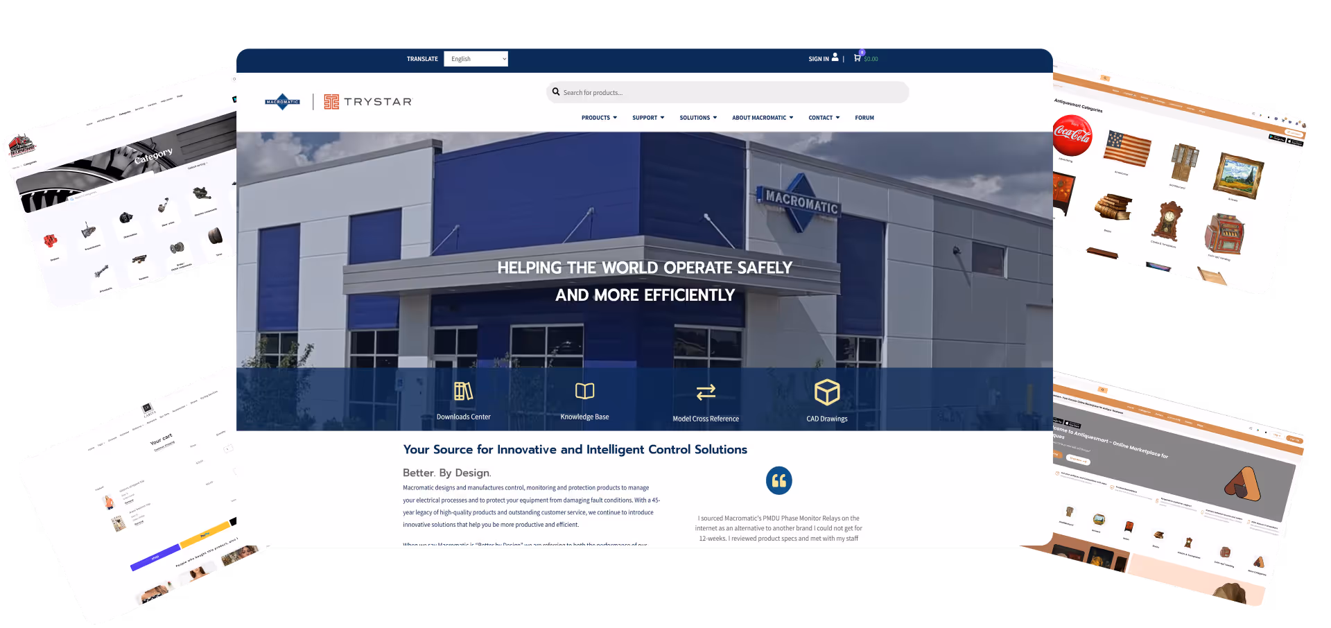 Composite screenshot of five different website homepages fanned out, featuring a control solutions company, an online marketplace, and shopping cart pages.