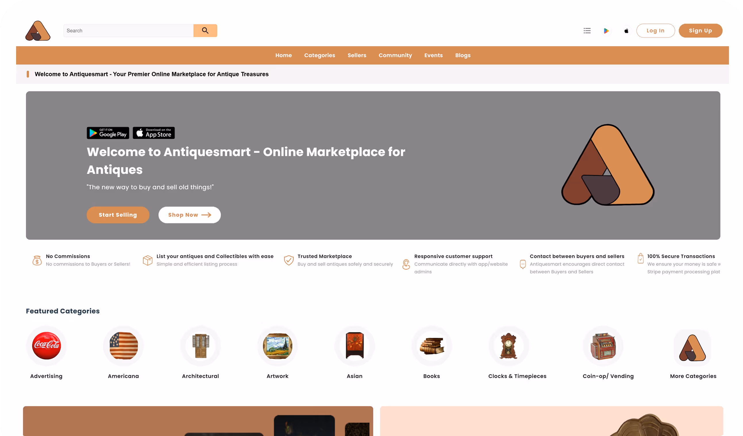 Antiquesmart homepage showing navigation bar, welcome banner with marketplace introduction, app download buttons, featured antique categories like Advertising, Americana, Architectural, Artwork, and more.