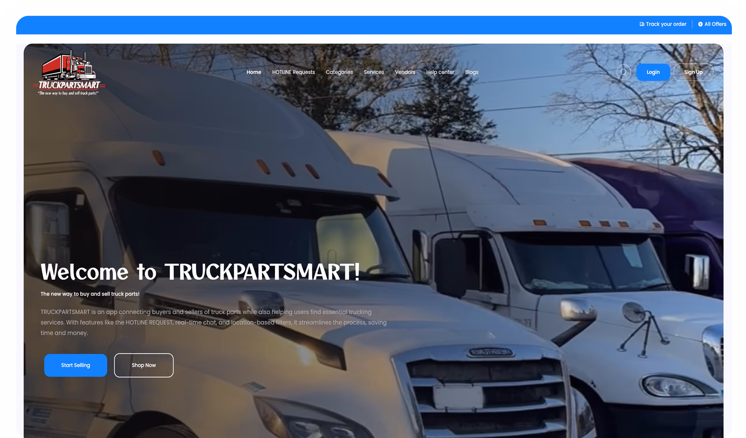 Homepage of TRUCKPARTSMART featuring large trucks in background and navigation menu with options like Home, Categories, Services, Vendors, and login buttons.