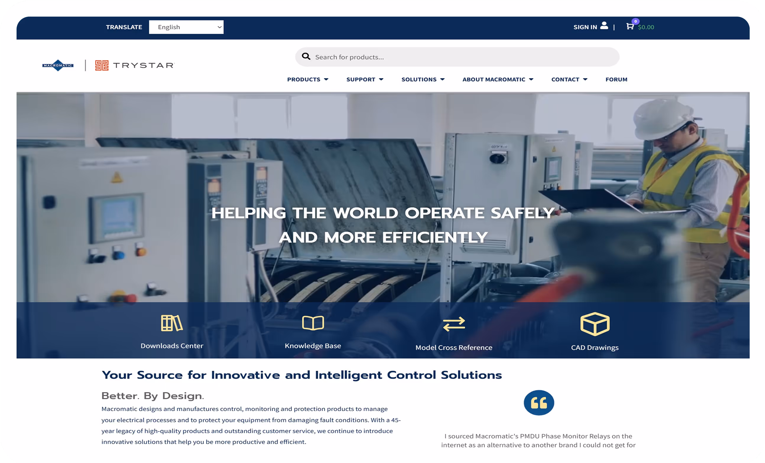 Website homepage showing a man wearing a hard hat and safety vest working on a clipboard in an industrial control room with machinery.
