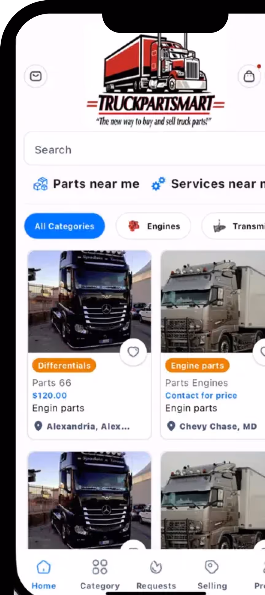Mobile app screen showing TruckPartSmart logo, search bar, category filter, and listings of black and silver trucks with part details.