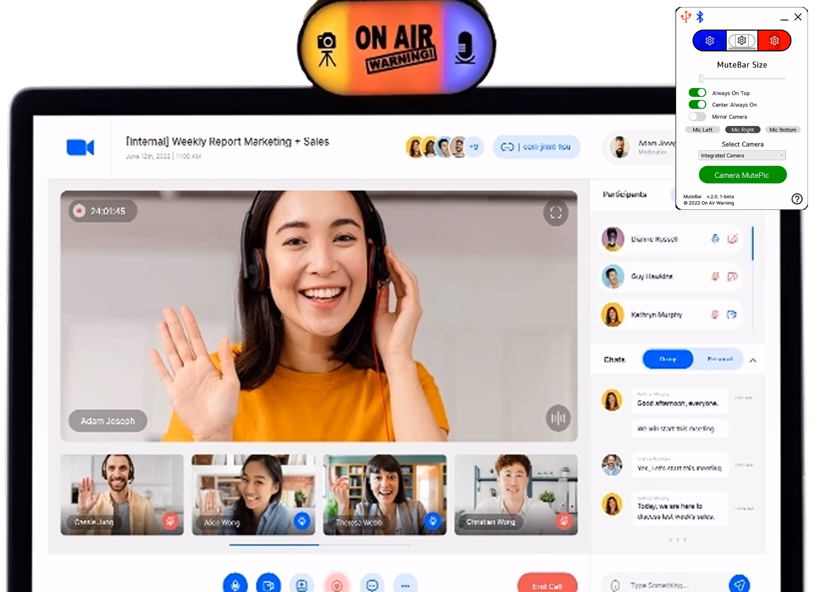 Video conference screen with a woman in an orange shirt waving, showing multiple participants and chat messages.