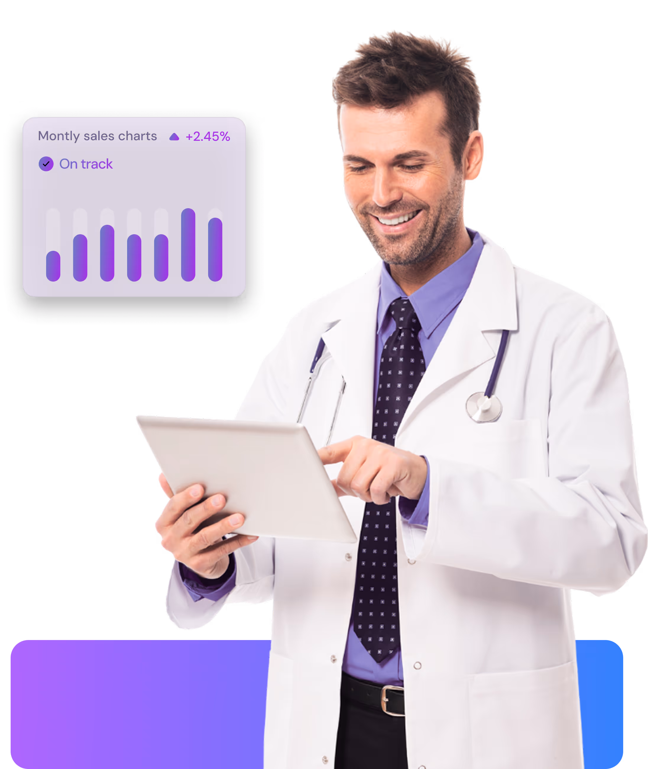 Male doctor in white coat using a tablet with a purple monthly sales chart graphic floating beside him.