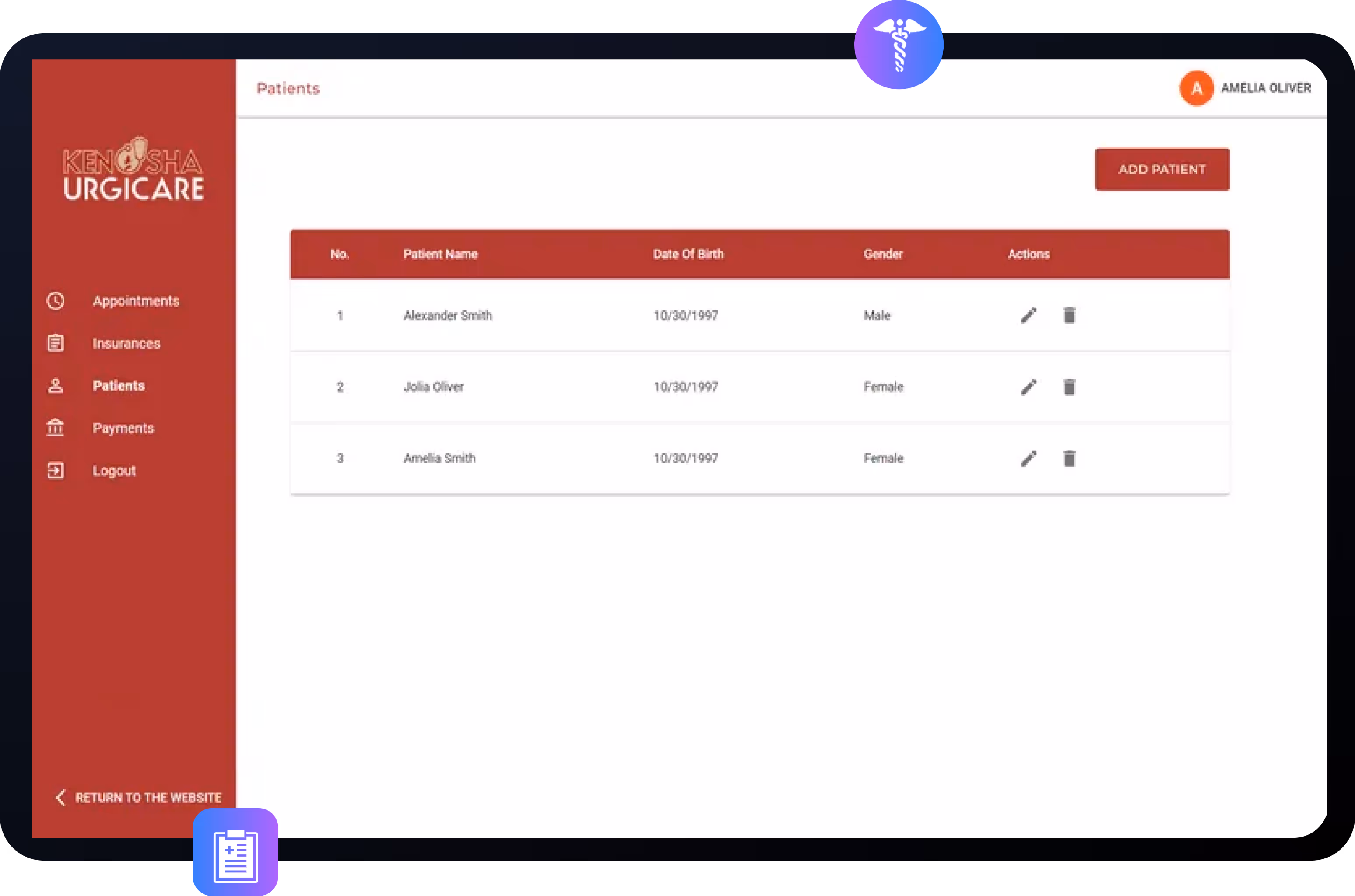 Kenosha Urgicare patient management interface displaying a list of three patients with names, birthdates, genders, and action icons for edit and delete, plus a red Add Patient button.