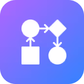 Icon of a simple white flowchart with shapes connected by arrows on a purple to blue gradient background.