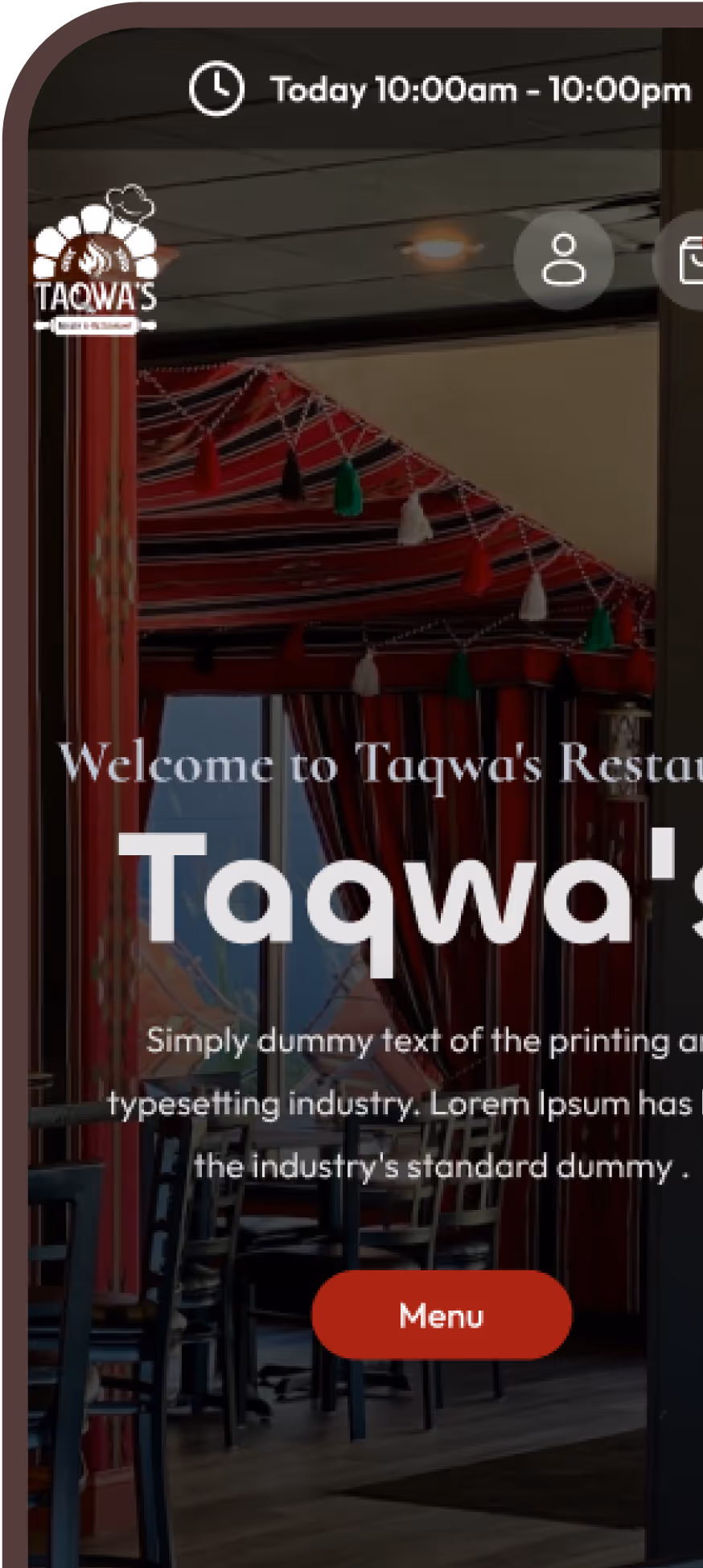Restaurant interior with striped fabric canopy decorated with red, green, and white tassels, wooden chairs and tables, and a menu button.