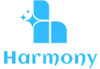 Harmony logo featuring four blue rounded squares forming an abstract shape with three sparkle stars and the word Harmony below.