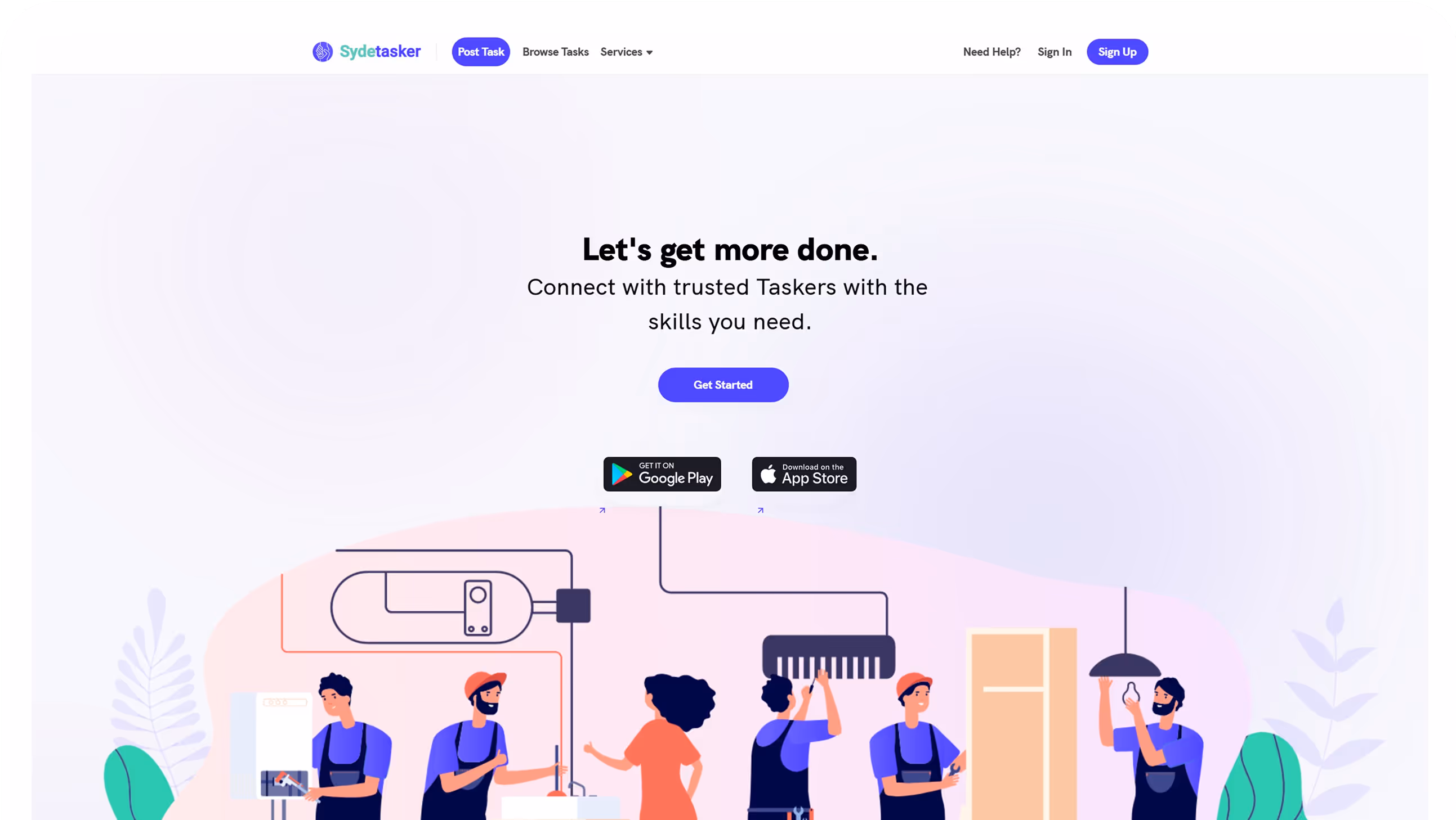 Website banner showing diverse workers fixing electrical and plumbing tasks under the text 'Let's get more done. Connect with trusted Taskers with the skills you need.' with app download buttons.