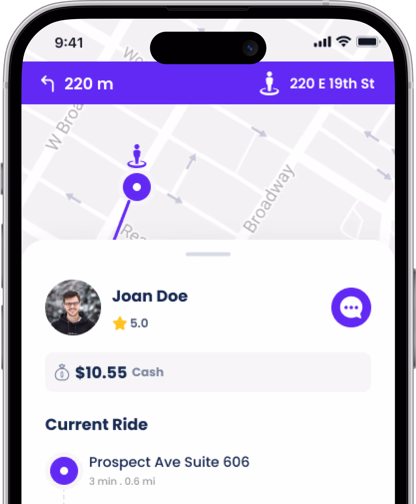 Smartphone screen showing a ride app with driver Joan Doe rated 5.0, $10.55 cash fare, and current ride to Prospect Ave Suite 606, 3 minutes away and 0.6 miles distance.