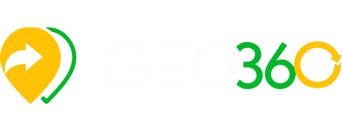 Logo with a yellow location pin and green checkmark combined, followed by the text GEO360 in white and green with a circular arrow forming the zero.