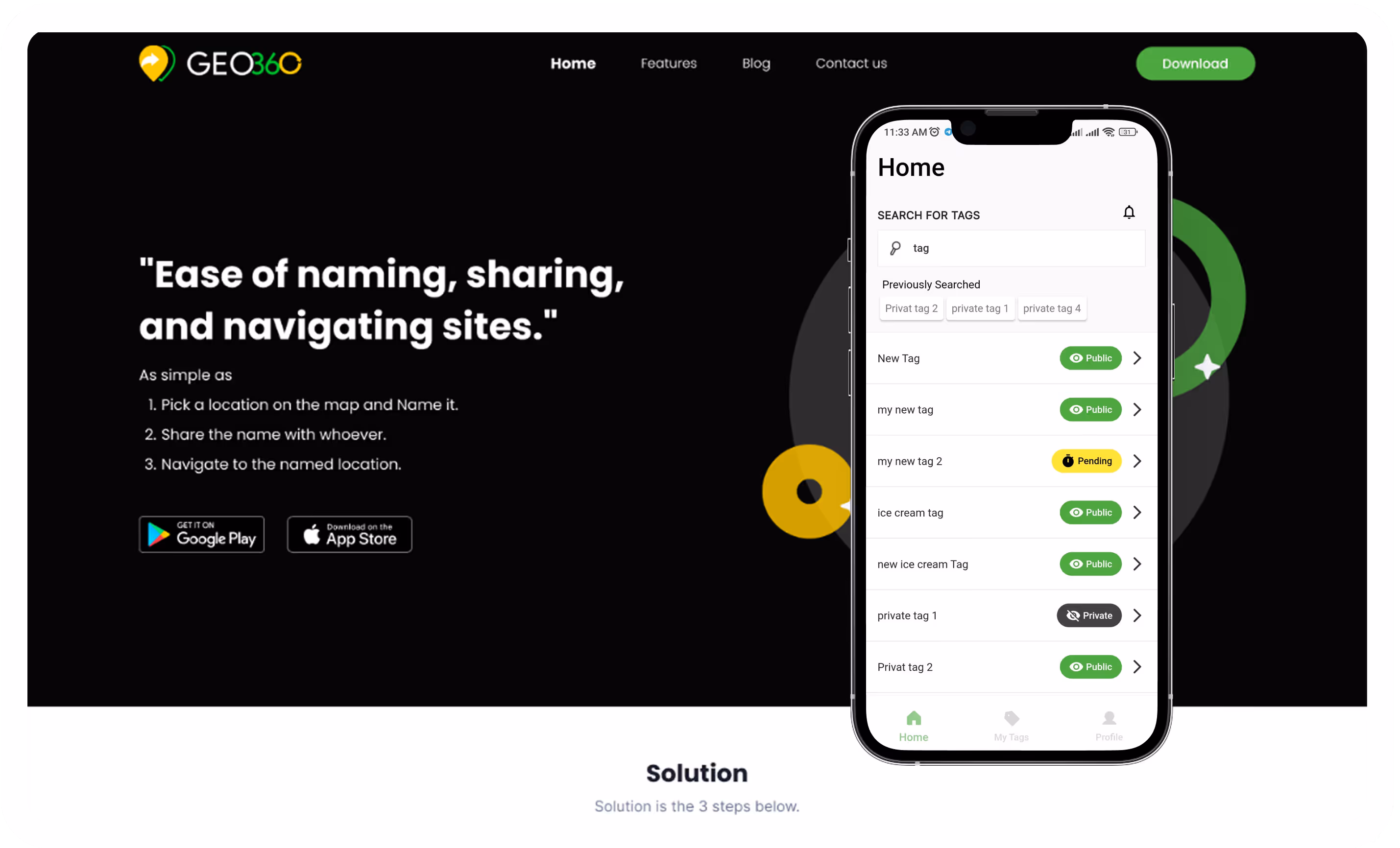 Screenshot of GEO360 website homepage featuring app tagline and a smartphone displaying a tag search interface with various public and private tags.