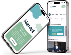 Two iPhone 15 Pro smartphones displaying Nerveli app screens for heart knowledge and mood assessment.