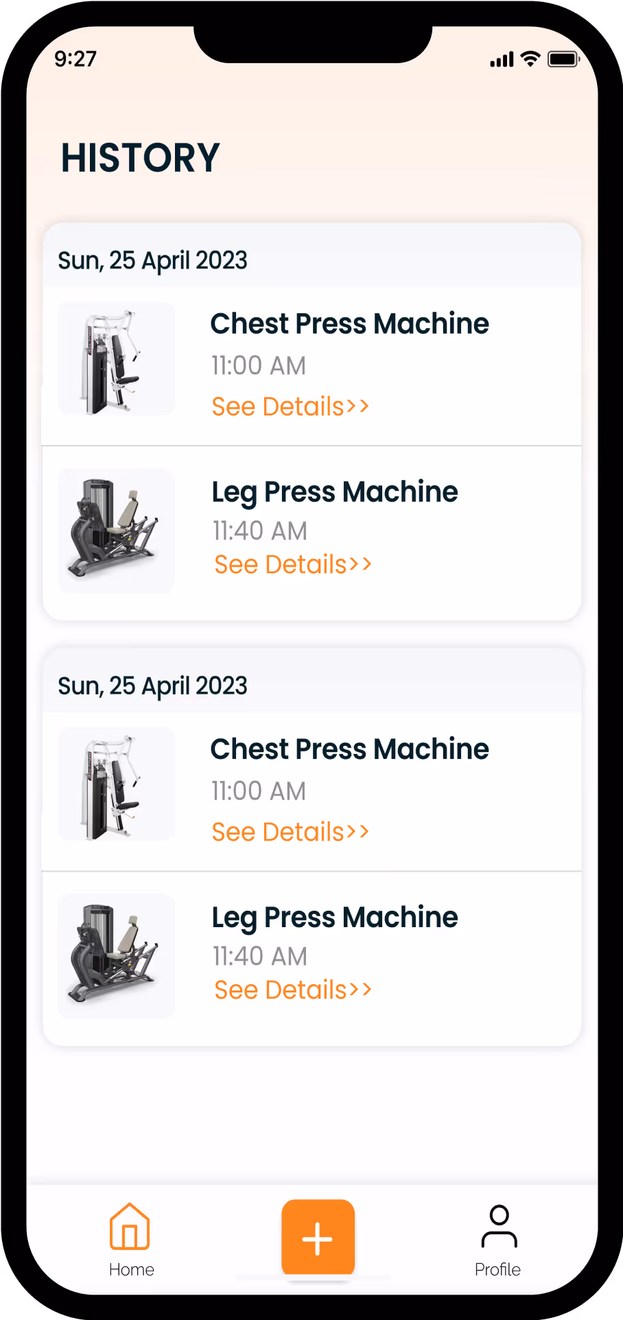 Mobile app screen showing workout history for Sun, 25 April 2023 with entries for Chest Press and Leg Press Machines at 11:00 AM and 11:40 AM respectively.