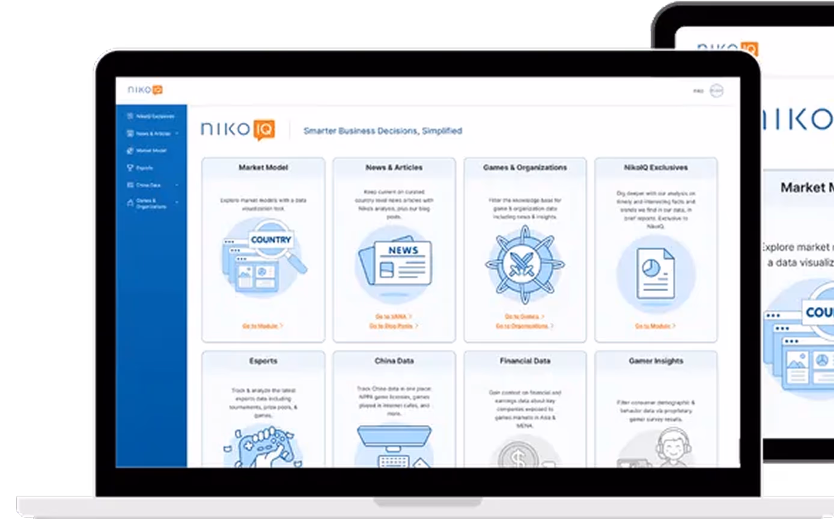 Laptop screen displaying NikoIQ dashboard with sections for Market Model, News & Articles, Games & Organizations, NikoIQ Exclusives, Esports, China Data, Financial Data, and Gamer Insights.