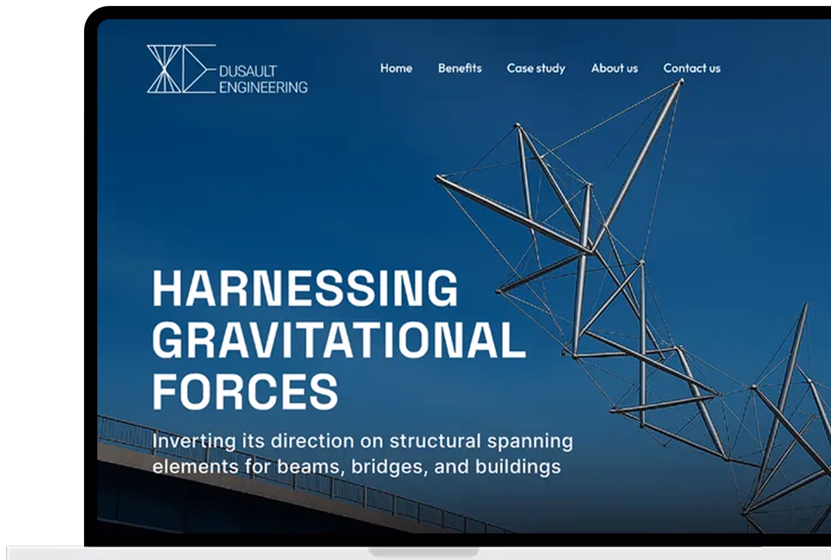 Website homepage with Dusault Engineering logo, navigation menu, a large geometric metal structure, and text about harnessing gravitational forces for structural elements.