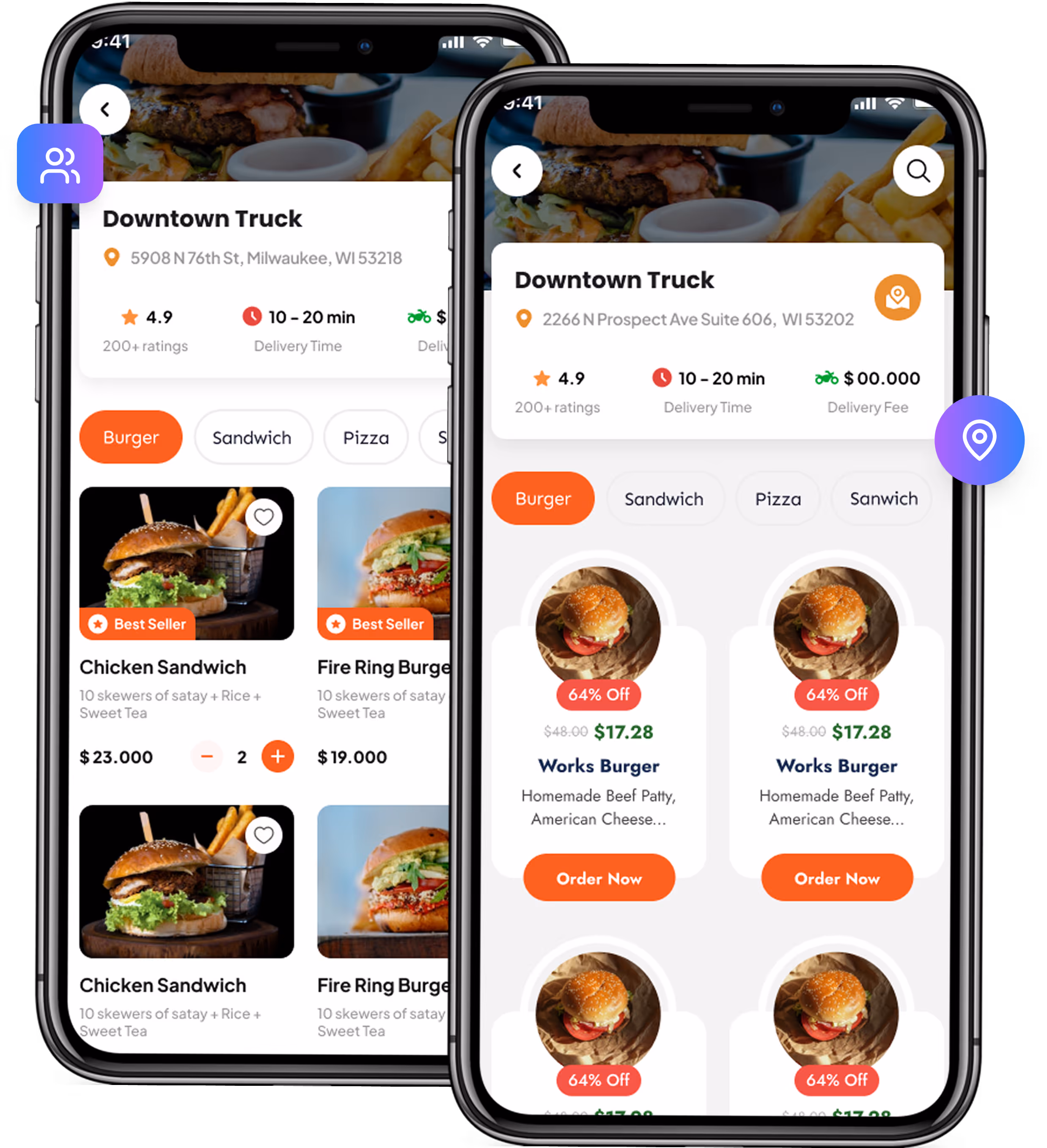 Two smartphones displaying a food delivery app showing burger menu items, prices, ratings, and delivery details for Downtown Truck.