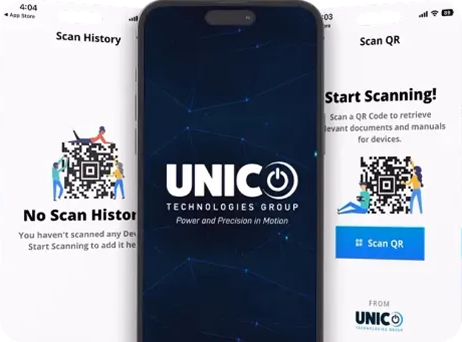 Three smartphone screens showing a QR code scanner app by UNICO Technologies Group, with app interface for scanning and scan history.