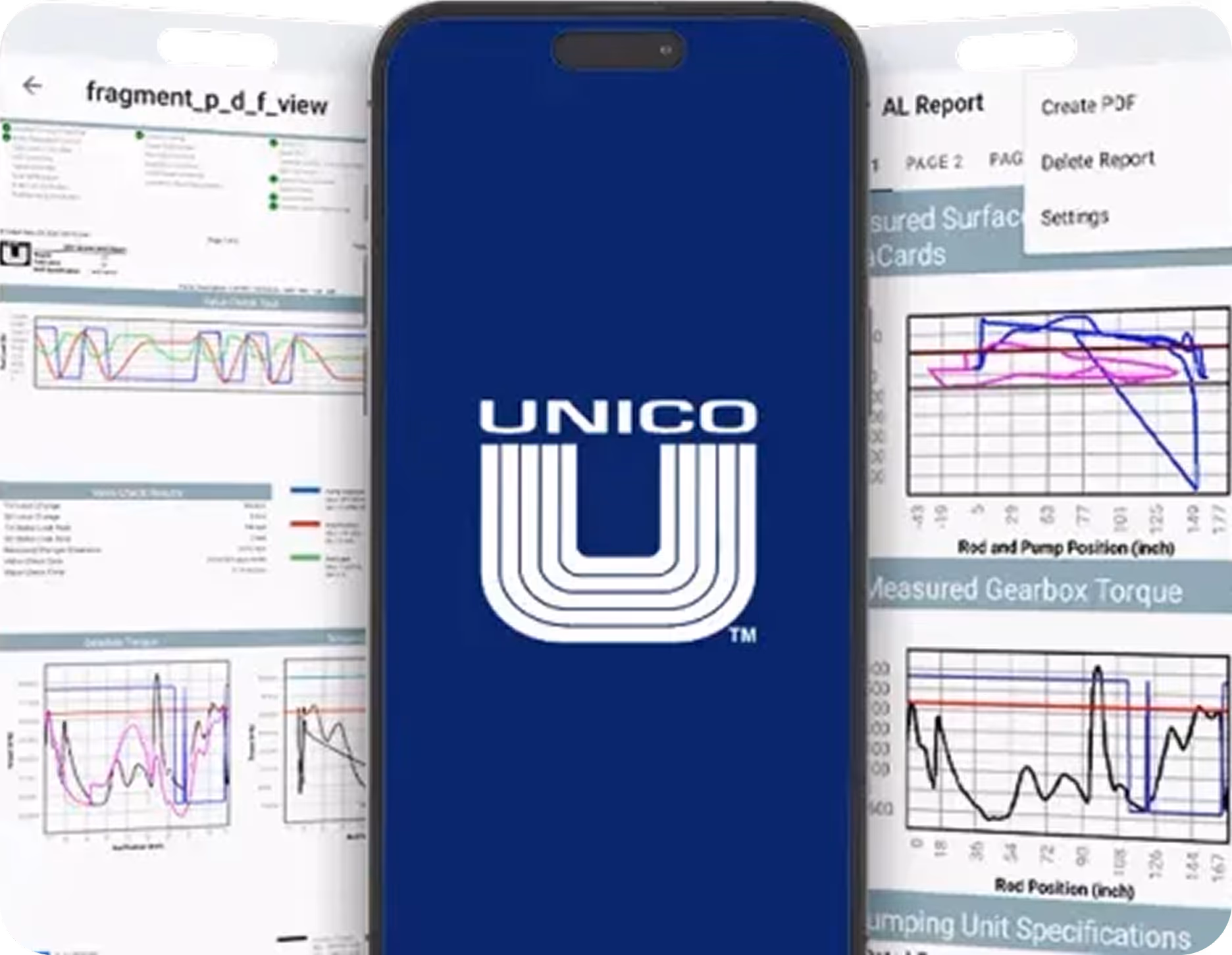 Smartphone displaying UNICO logo in white on a blue background, with technical reports and graphs in the background.