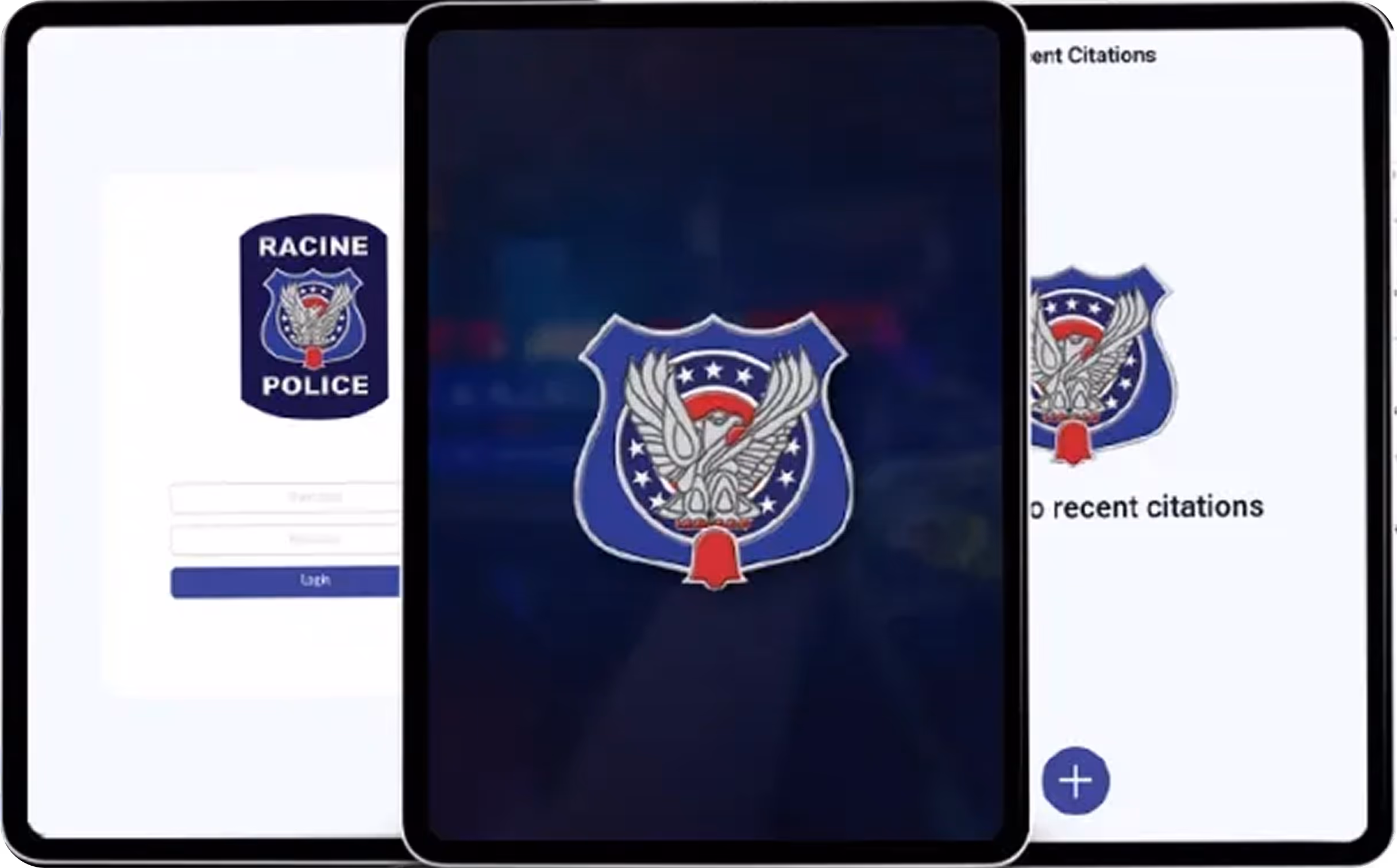 Three tablets showing different screens of the Racine Police app, featuring the police badge and login and citation information screens.
