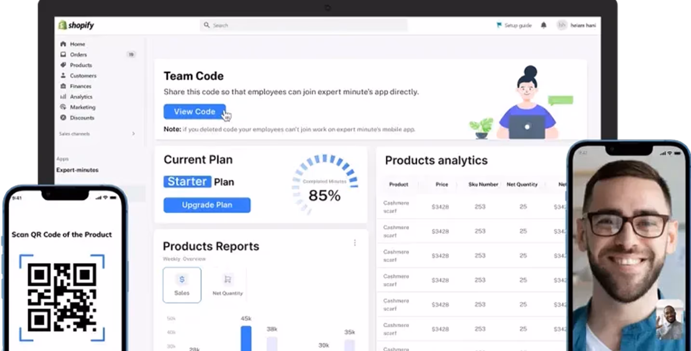 Shopify dashboard showing team code access, current plan progress at 85%, product reports with sales graph, product analytics, and two phones displaying a QR code scan and a video call with a smiling man.