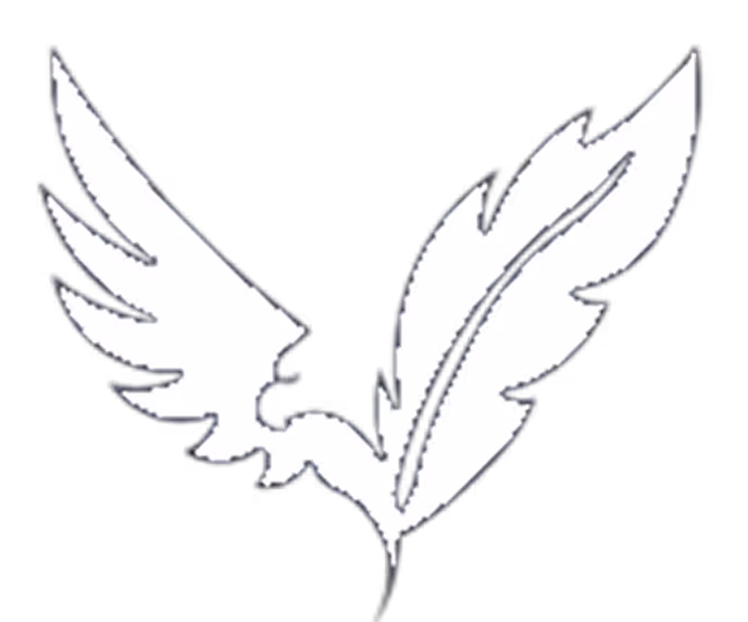 White silhouette combining a bird wing on the left and a feather on the right against a transparent background.