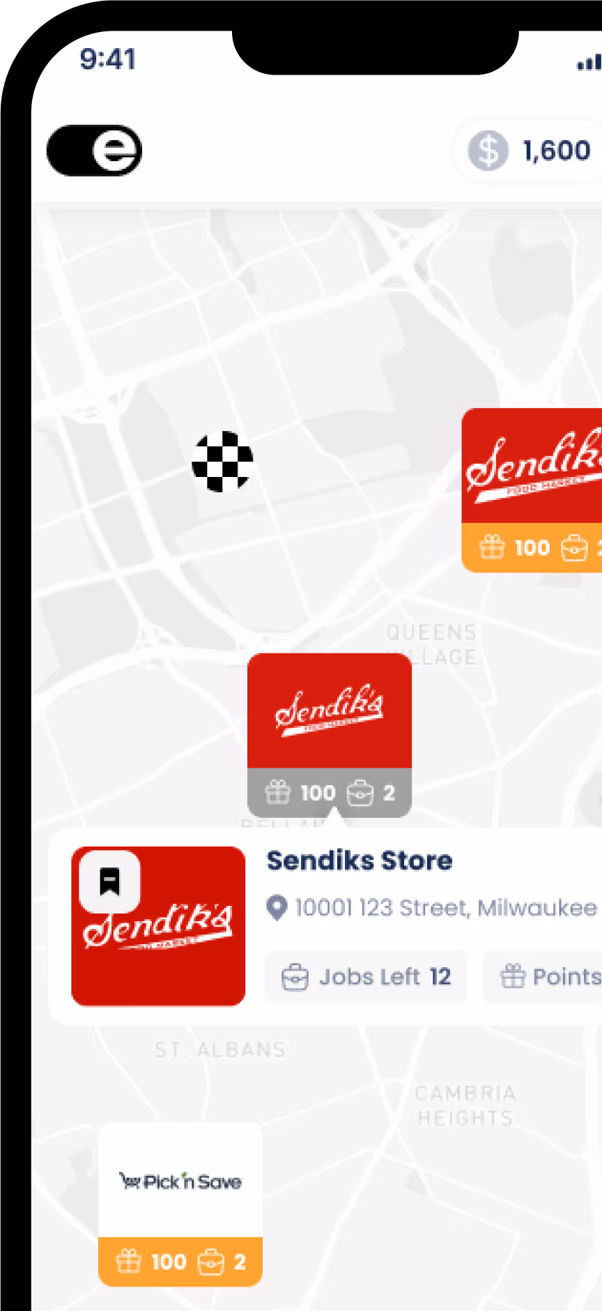 Mobile app map interface showing Sendiks Store highlighted with location, 12 jobs left, 100 points, and $1,600 balance.