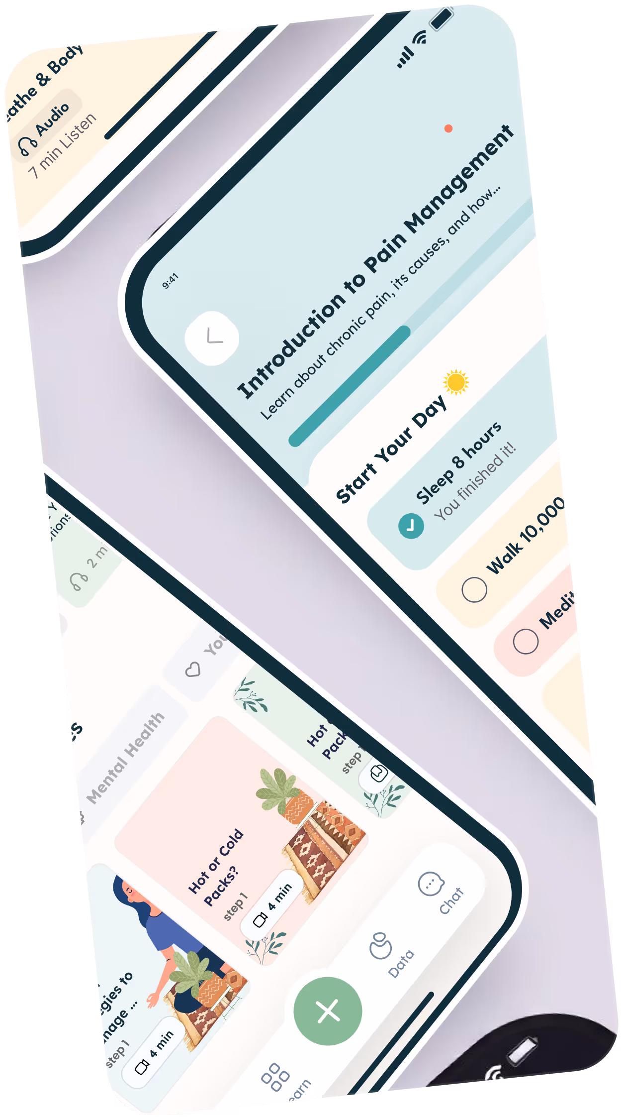 Mobile app screens showing a pain management introduction with daily goals and video guides on hot or cold packs and pain management strategies.