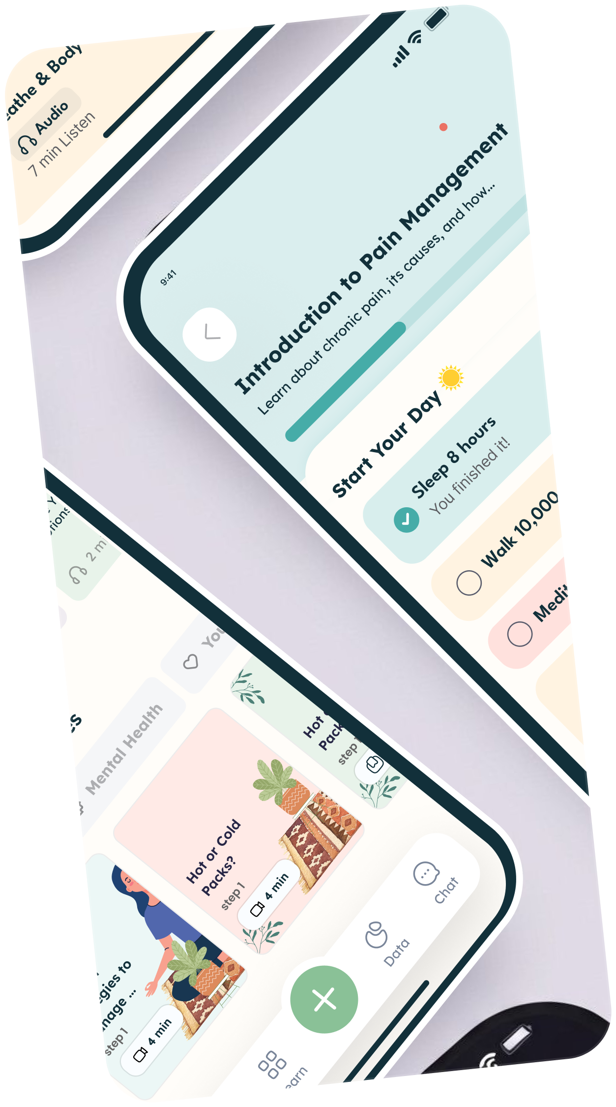 Mobile app screens showing a pain management introduction with daily goals and video guides on hot or cold packs and pain management strategies.