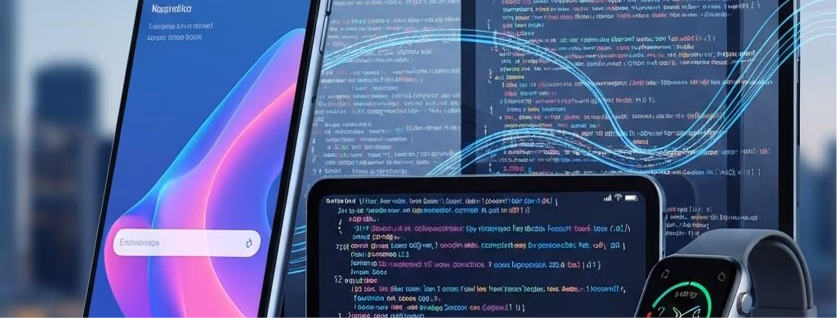 Smartphone, tablet, and smartwatch displaying colorful app interfaces and code with digital flow lines connecting devices.