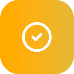 White check mark inside a circle on a rounded square orange gradient background.