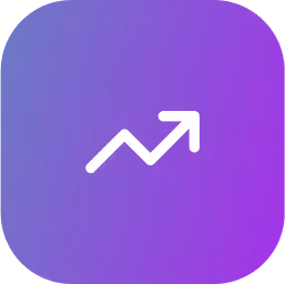 White upward trending arrow graph icon on blue to purple gradient rounded square background.