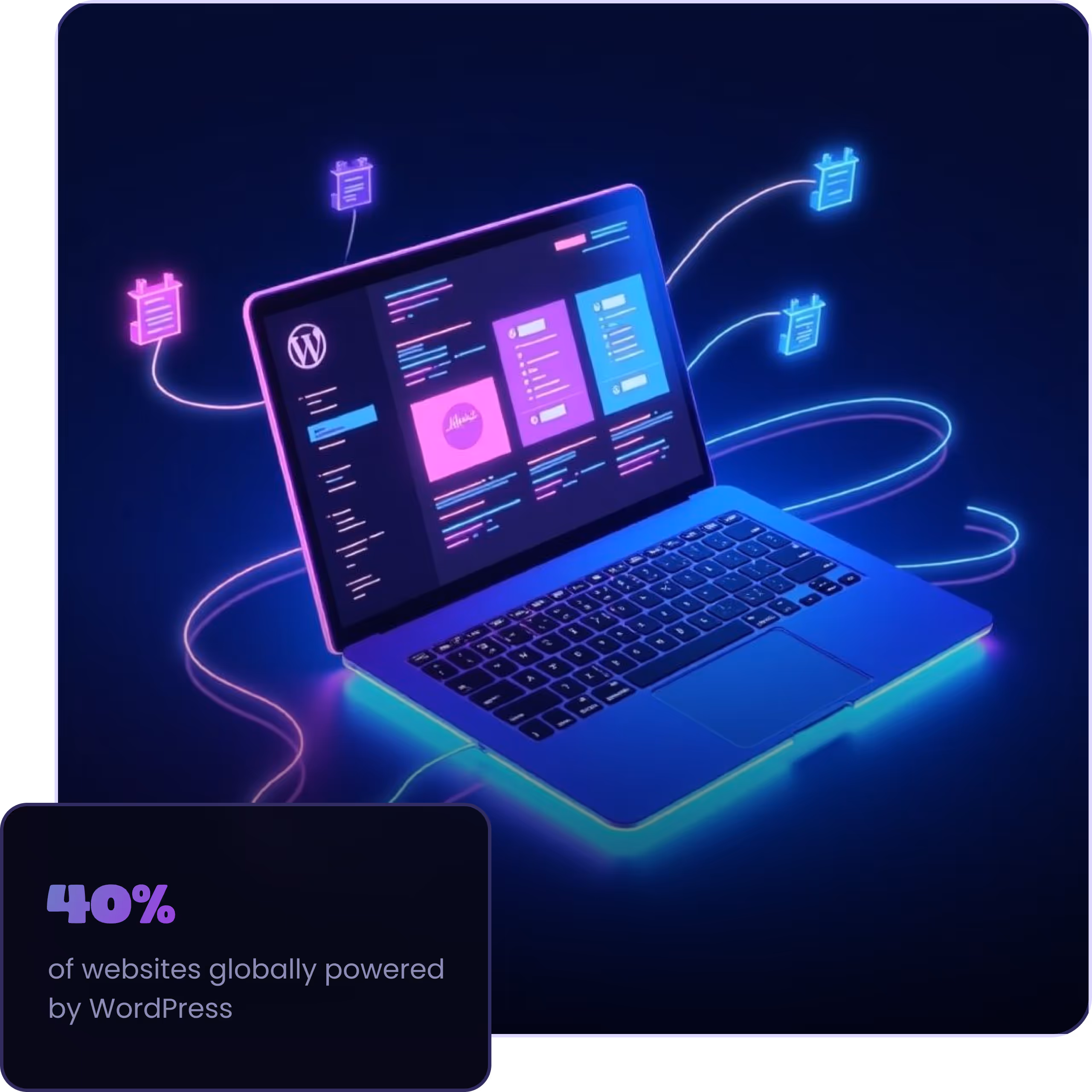 Neon-style laptop displaying a WordPress dashboard with connected glowing data icons and text stating 40% of websites globally powered by WordPress.