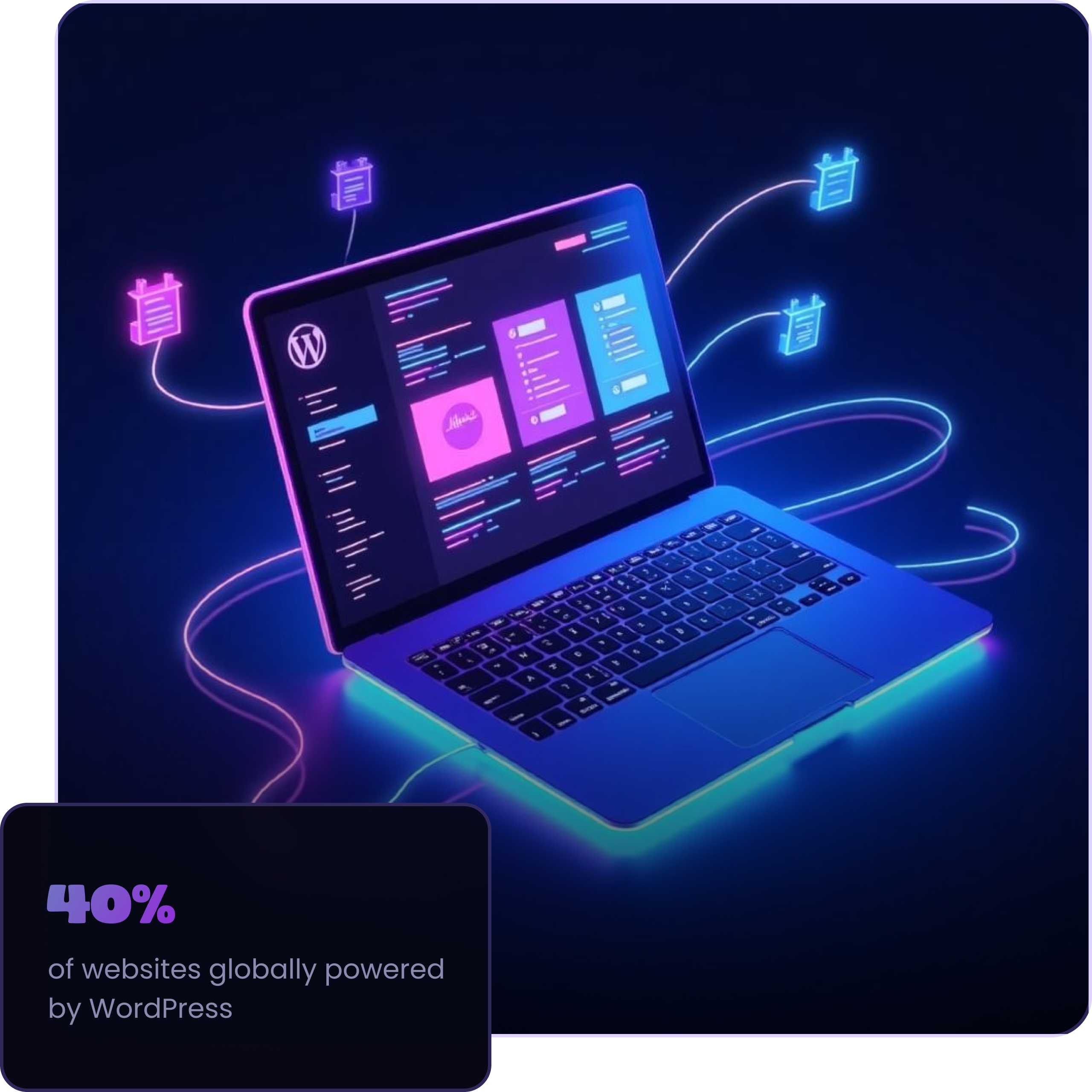 Neon-style laptop displaying a WordPress dashboard with connected glowing data icons and text stating 40% of websites globally powered by WordPress.