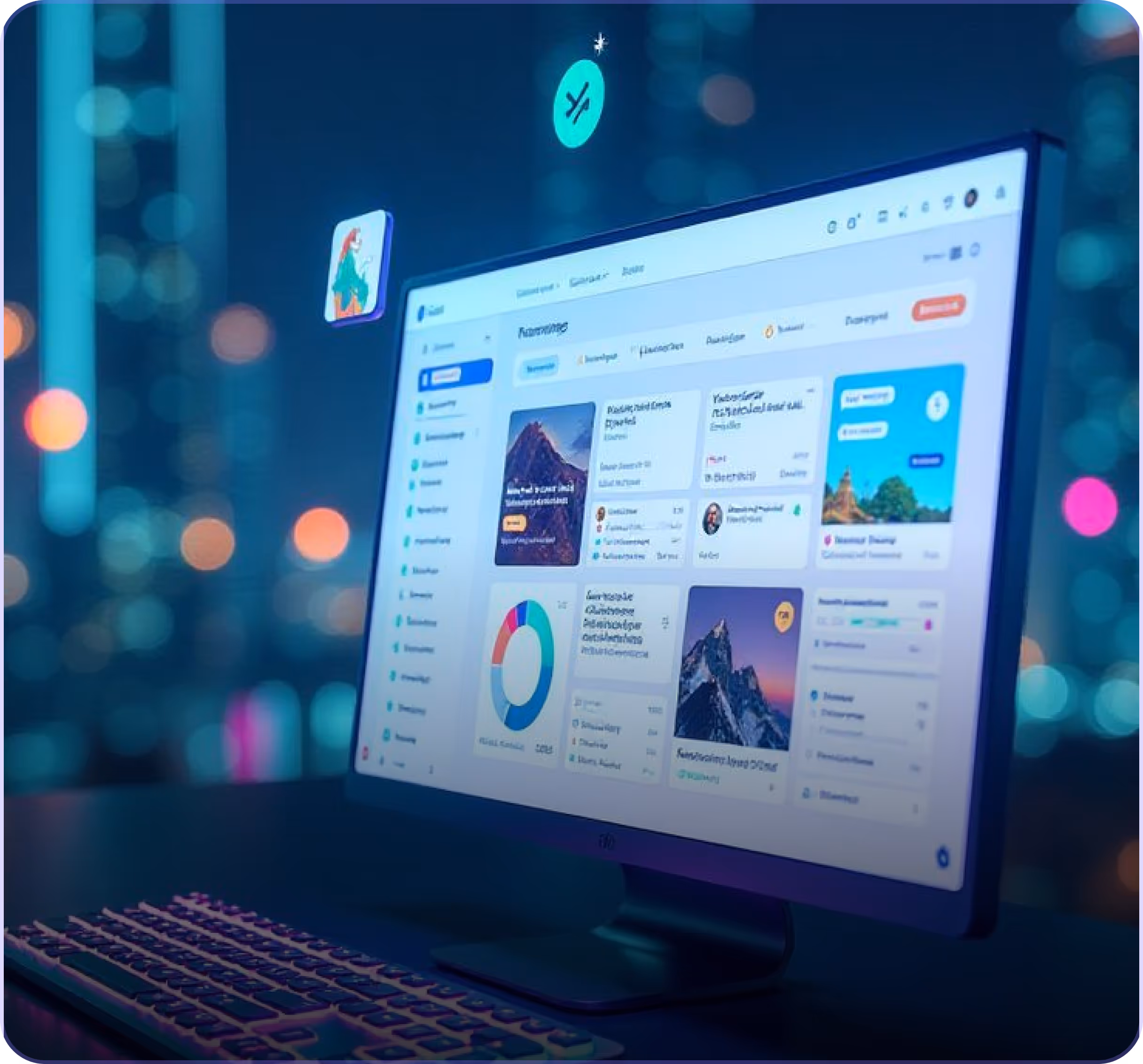 Modern desktop monitor displaying a dashboard interface with charts, images, and user profiles, set against a blurred cityscape at night.